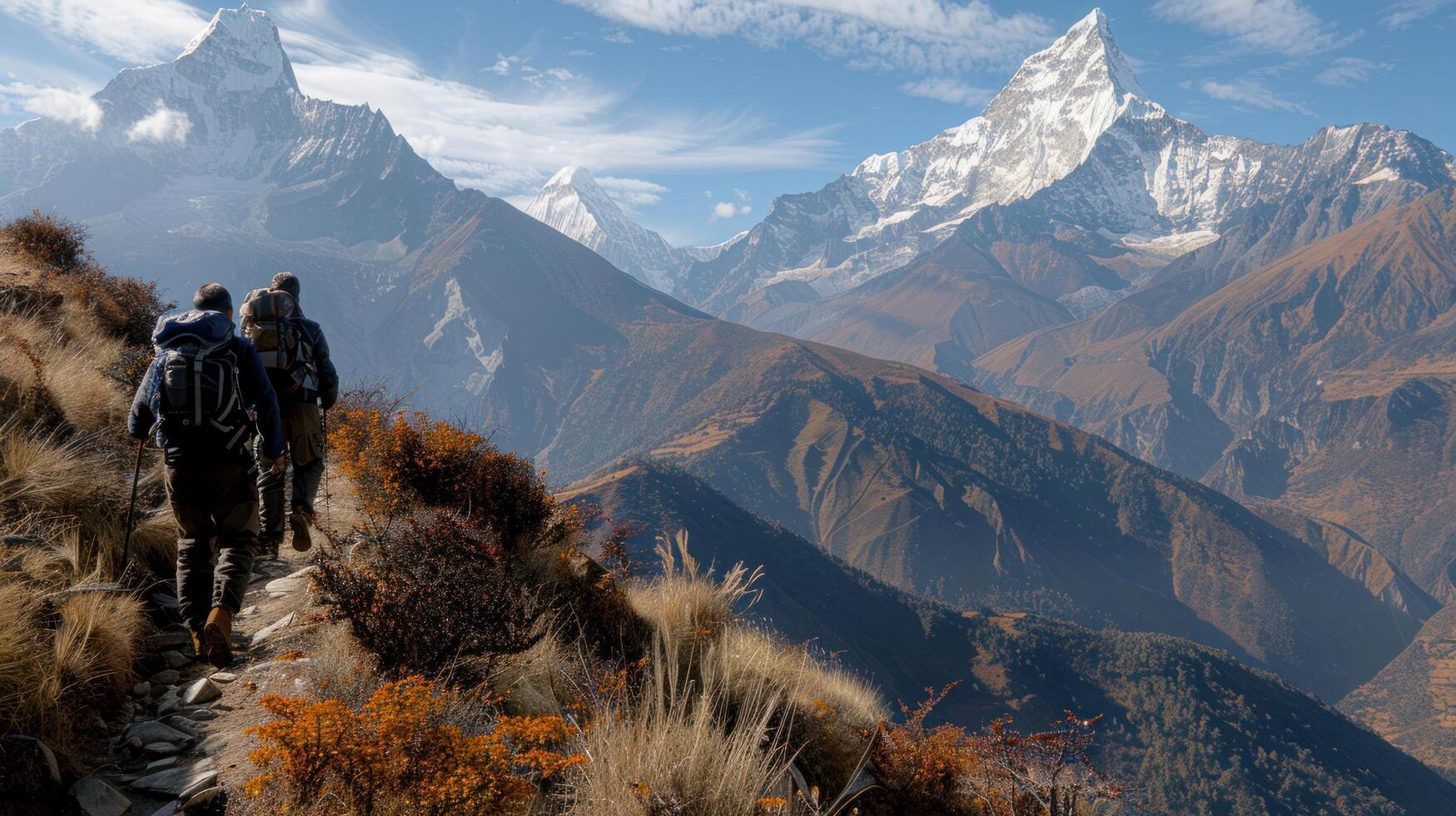 AI generated Hikers in hiking boots and layers of clothing ascend a rugged trail, snow-capped peaks looming in the distance photo