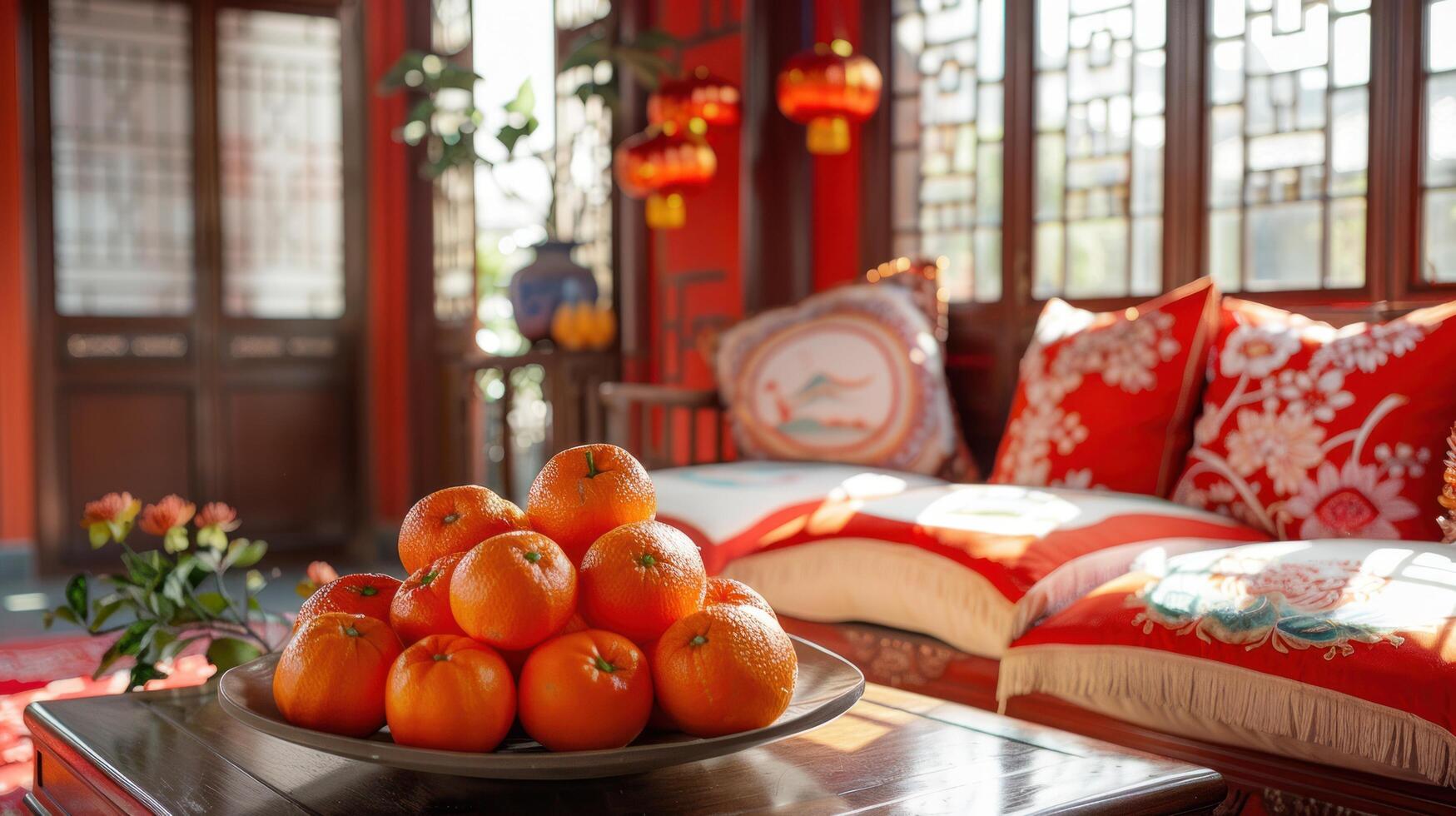 AI generated In a festive living room, a coffee table adorned with tangerines and cushions on the floor sets the scene for a Chinese New Year photo