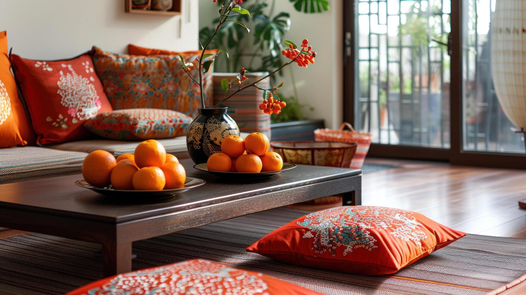 AI generated In a festive living room, a coffee table adorned with tangerines and cushions on the floor sets the scene for a Chinese New Year photo