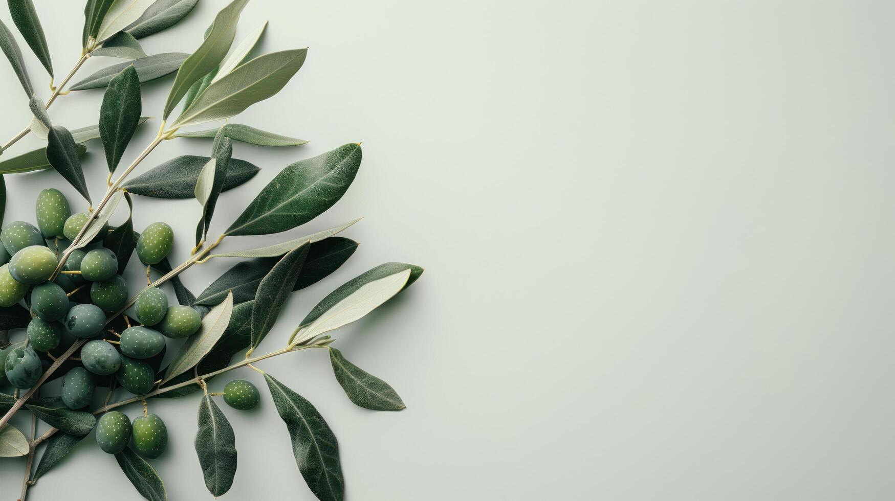 AI generated Minimalistic white background with a branch of olives on the left and free space on the right photo