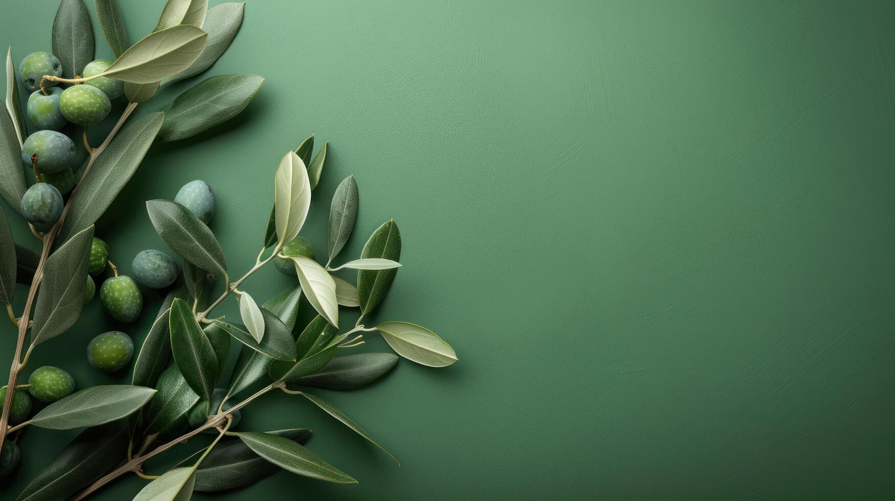 AI generated Minimalistic olive green background with a branch of olives on the left and free space on the right photo