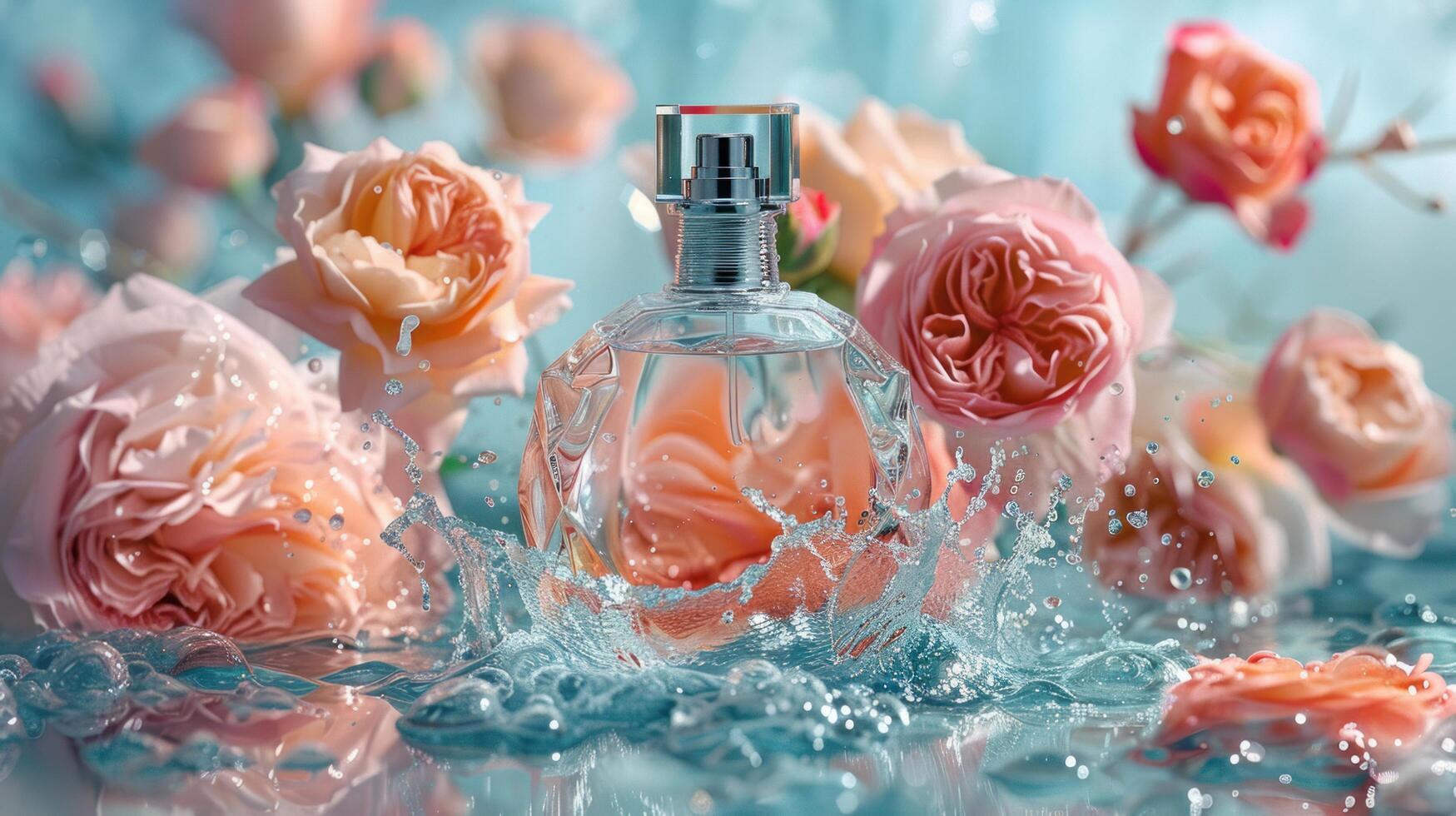 AI generated Perfume bottle made of glass set against a backdrop of rose water. Featuring a floral arrangement with a water splash photo