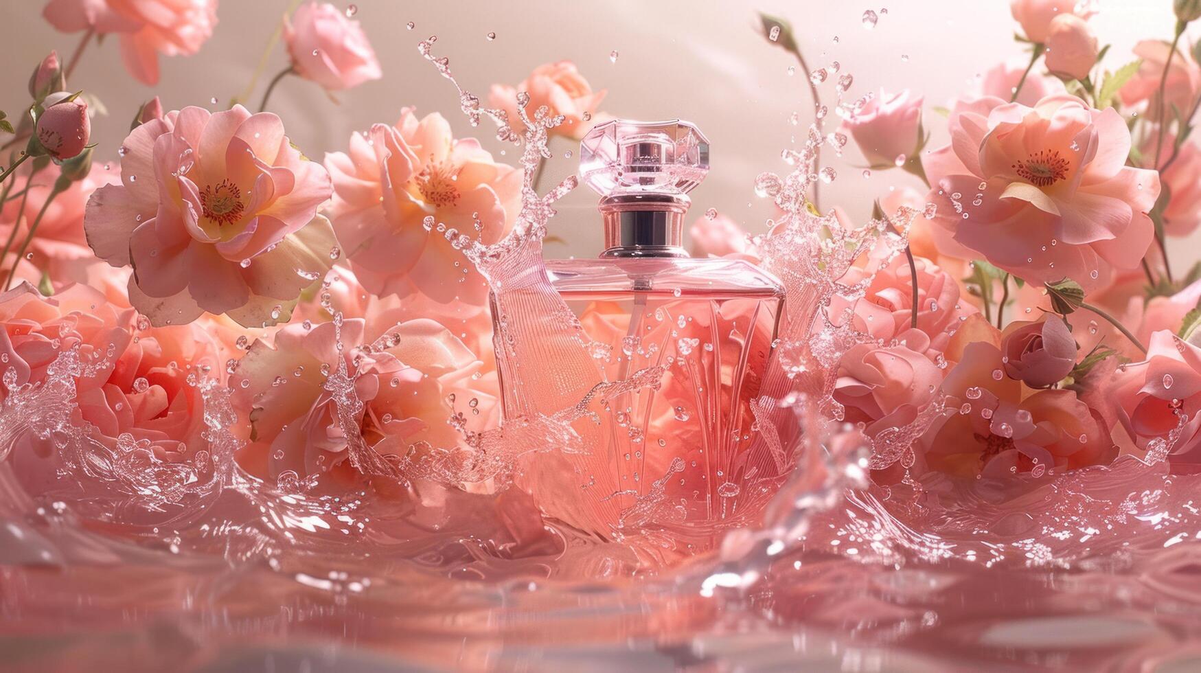 AI generated Perfume bottle made of glass set against a backdrop of rose water. Featuring a floral arrangement with a water splash photo