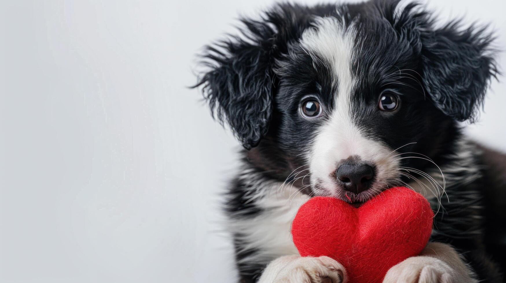 AI generated Valentine's Day Theme. Adorable Border Collie Puppy Holding a Red Heart in Its Mouth photo