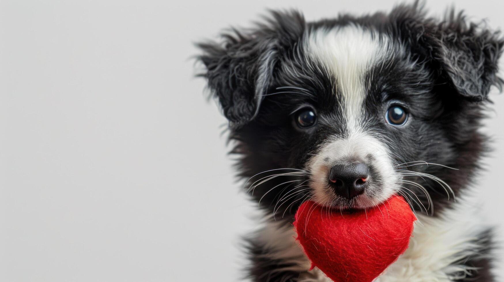 AI generated Valentine's Day Theme. Adorable Border Collie Puppy Holding a Red Heart in Its Mouth photo