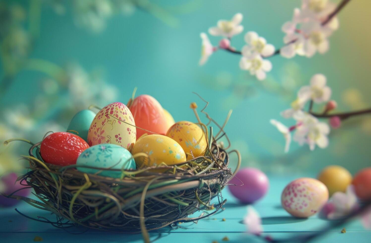 AI generated an easter nest of colorful eggs on blue photo
