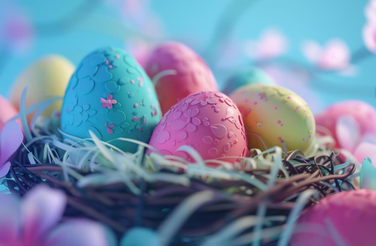 AI generated an easter nest of colorful eggs on blue photo