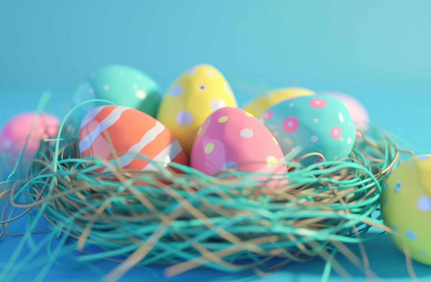 AI generated an easter nest of colorful eggs on blue photo