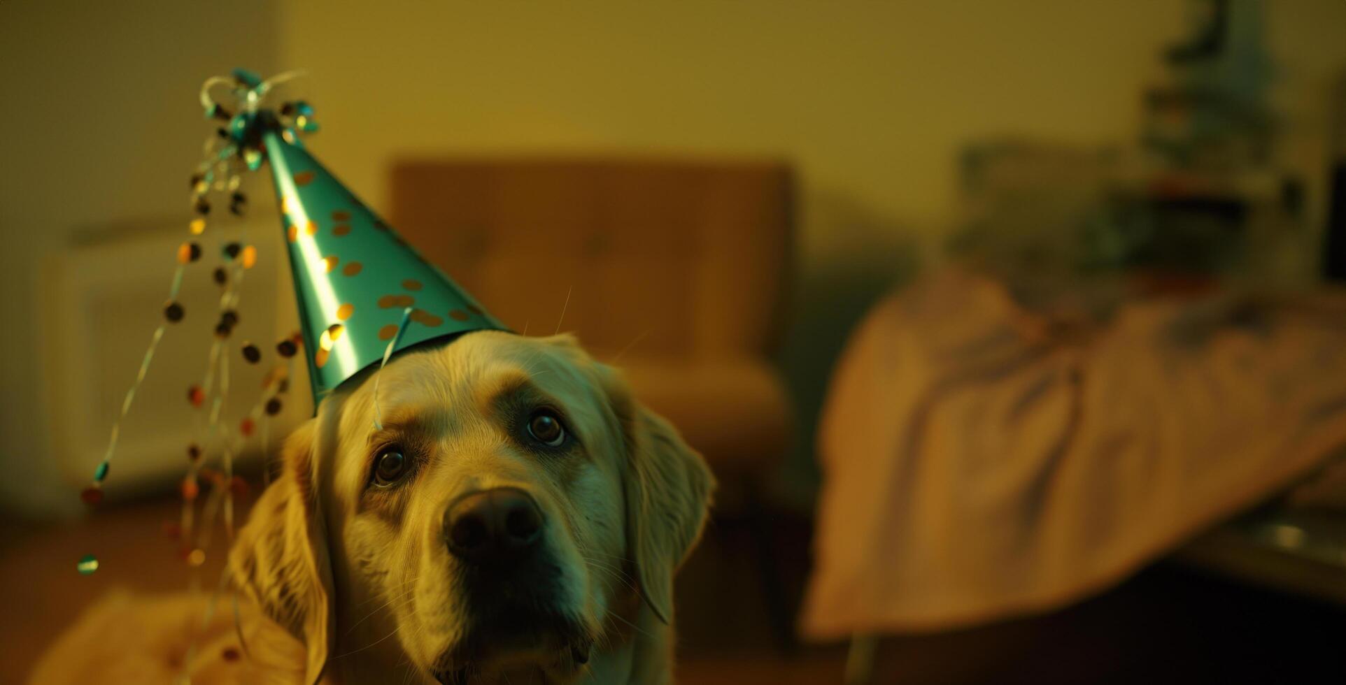 ai generado perro con un fiesta sombrero foto