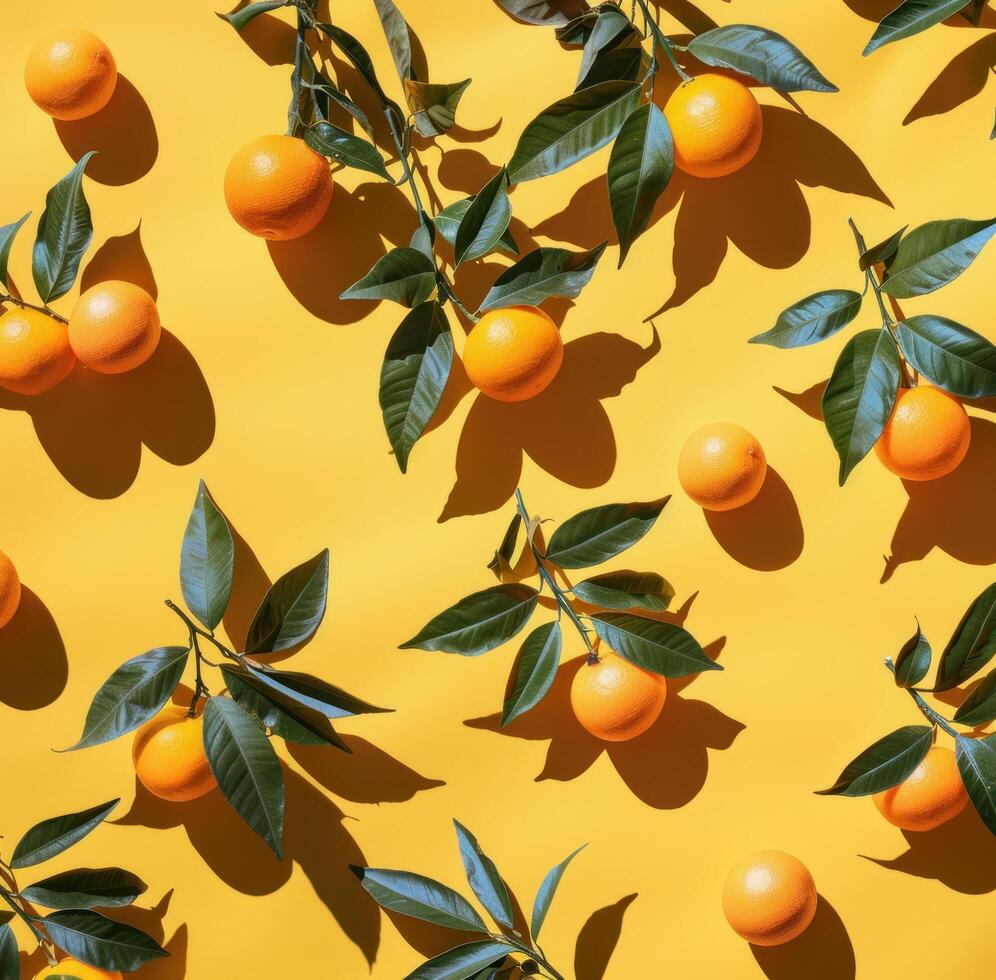 AI generated oranges, orange leaves, leaves of thorns on yellow background photo