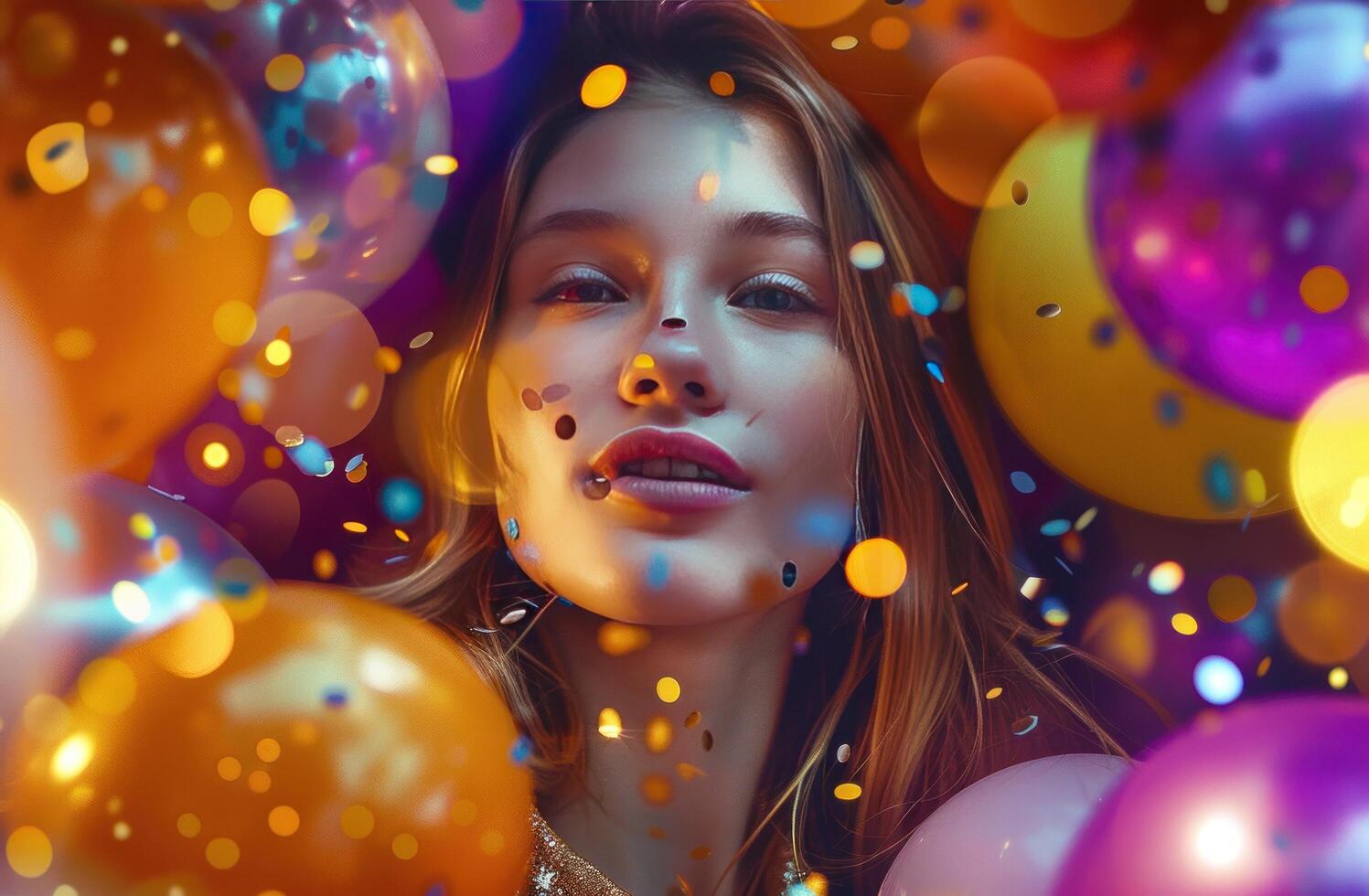 AI generated A girl in a of vibrant balloons and confetti, set against a backdrop of rich, dark orange and gold hues photo