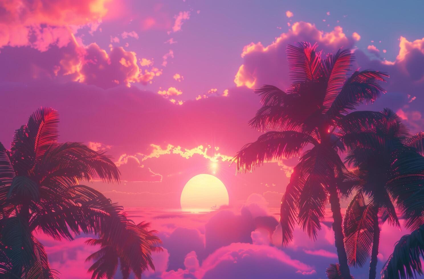 AI generated tropical sunset with palm trees and a cloud photo