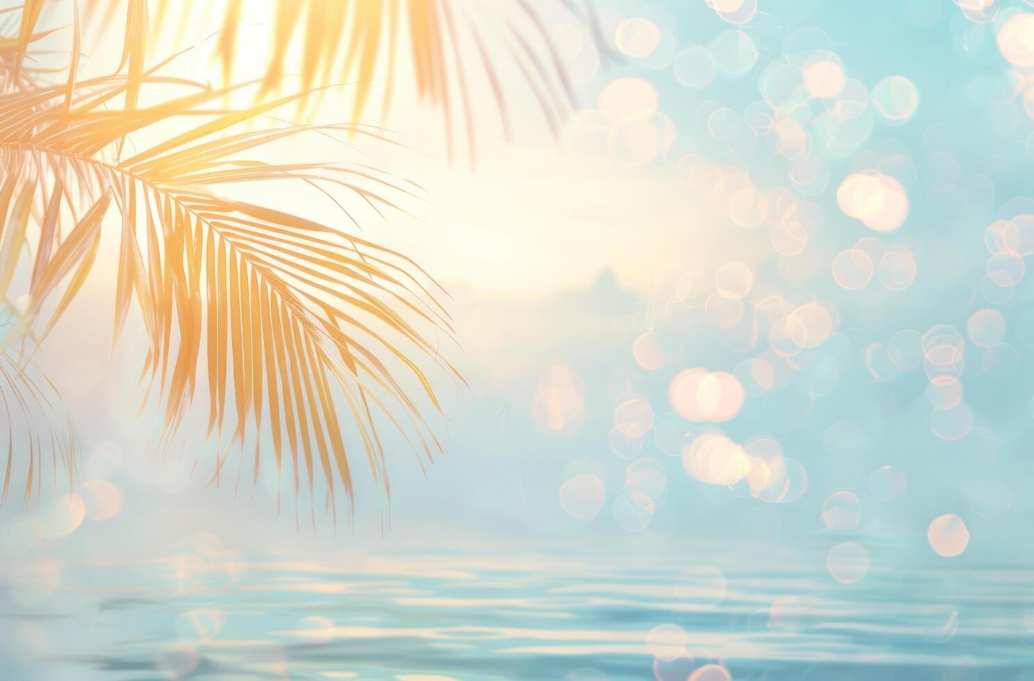 AI generated white sea and beach background with palm leaf photo