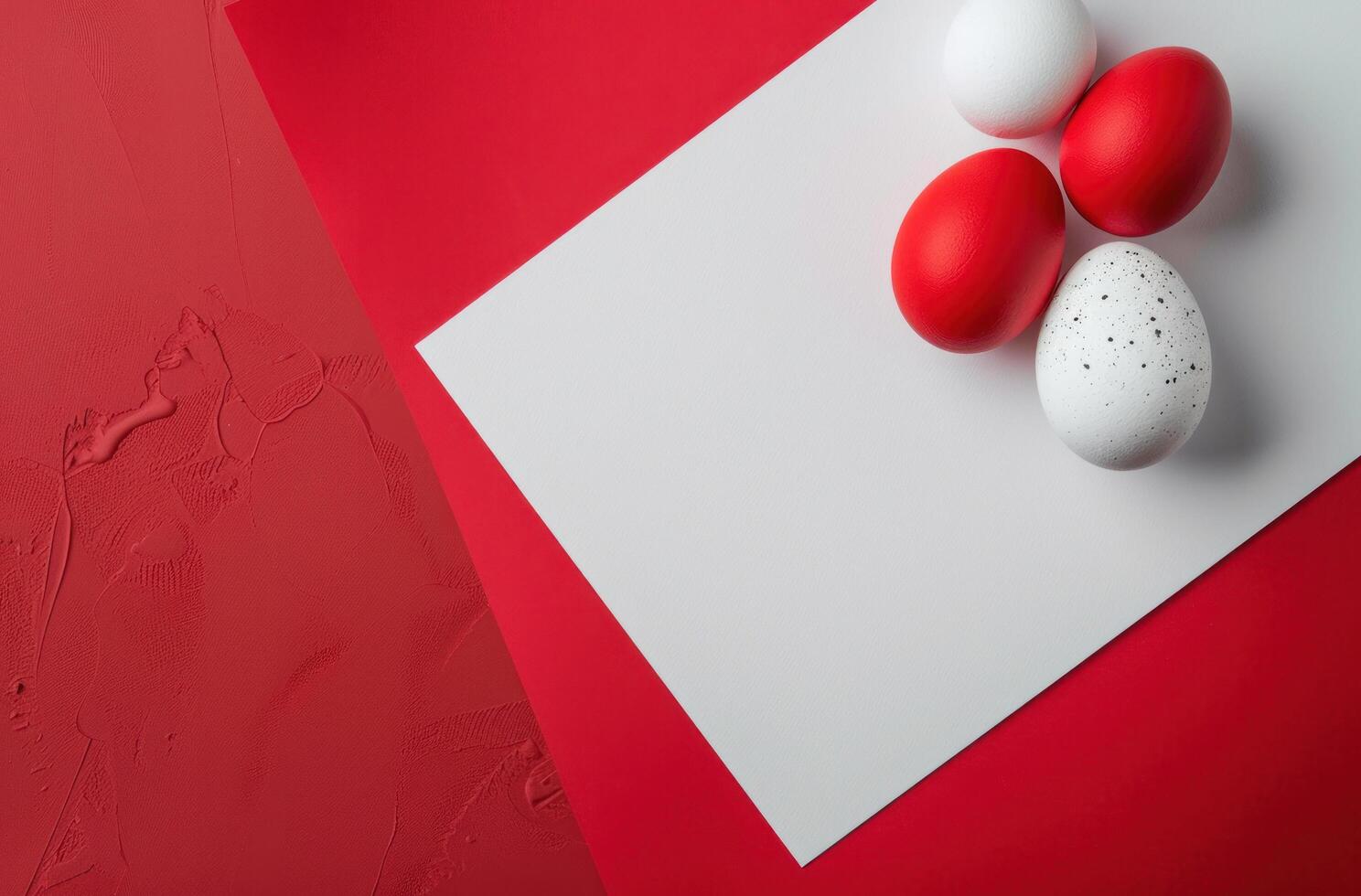 AI generated white paper, red and white eggs, and white cards photo