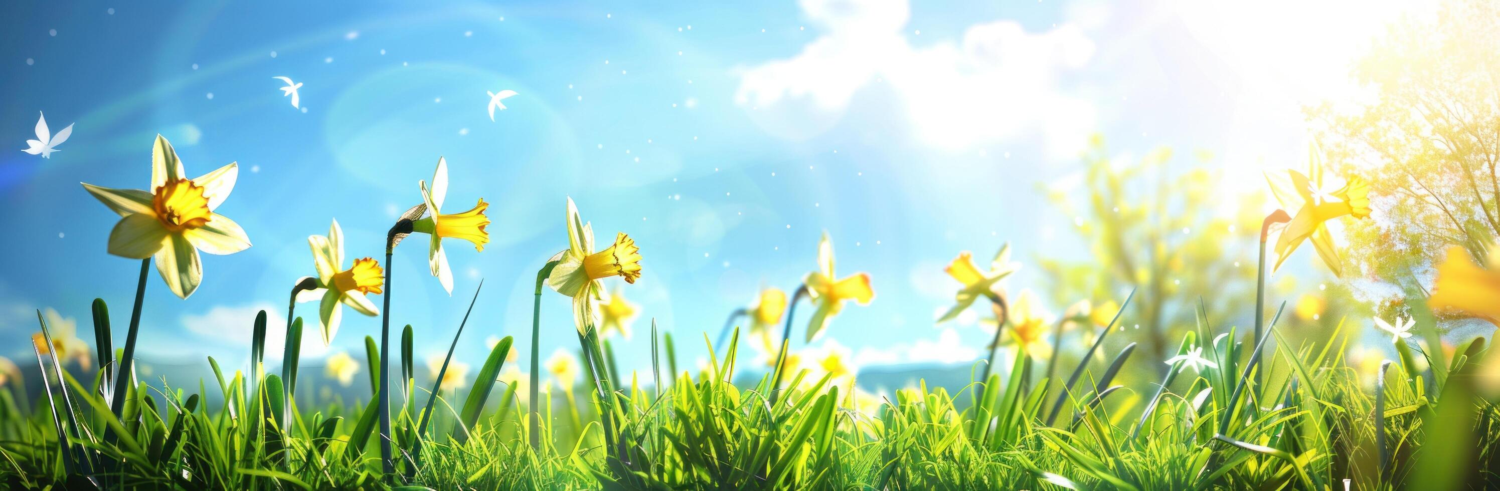 AI generated yellow daffodils on green grass under blue sky photo