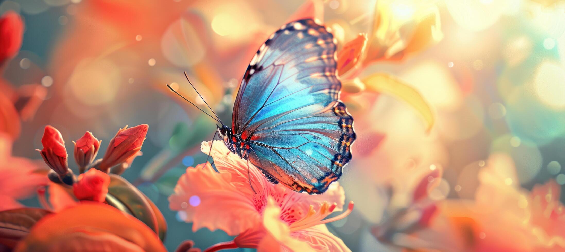 AI generated a blue butterfly flying in a beautiful flower, photo