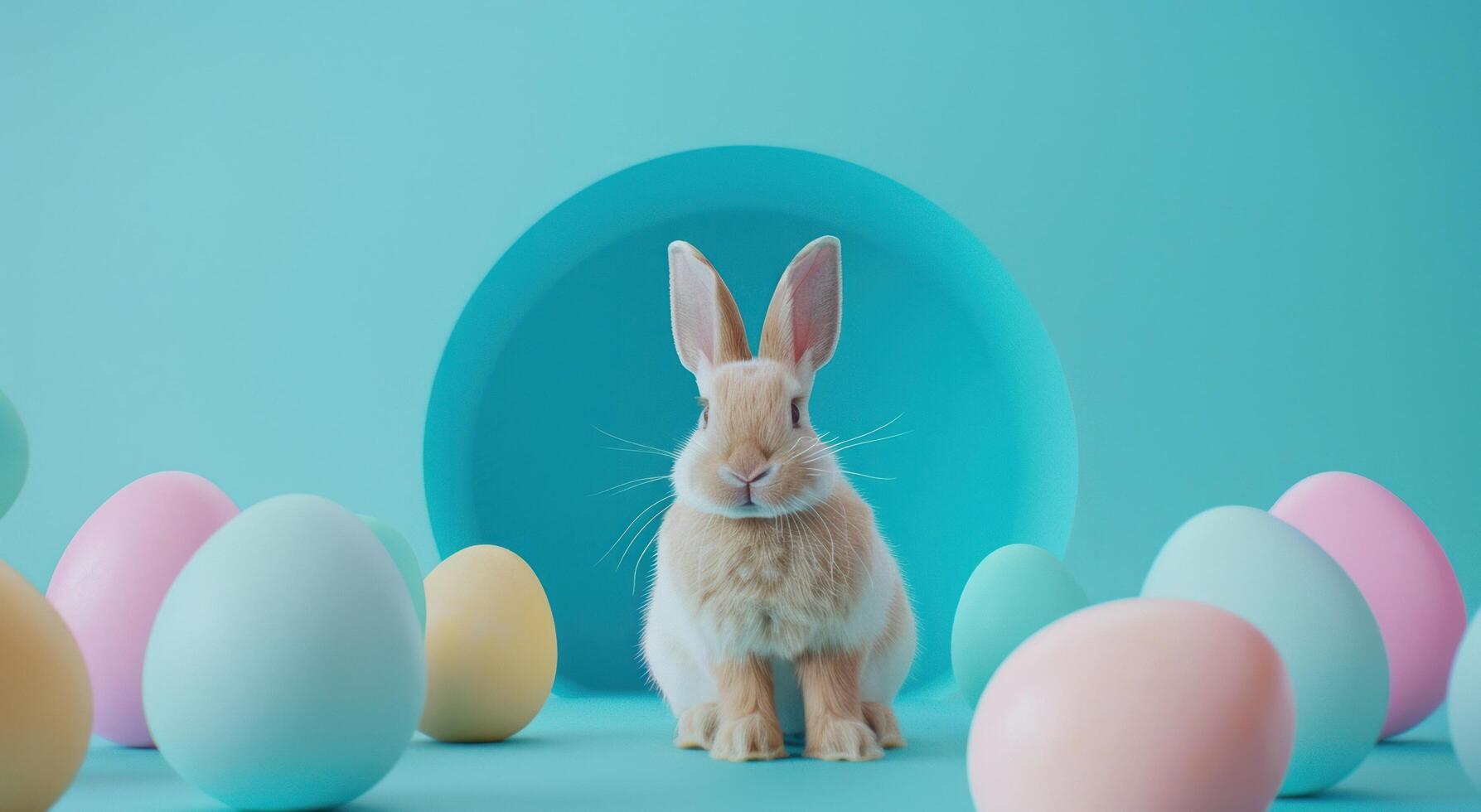 AI generated a chic little rabbit in a circle of colored eggs set against a blue background photo