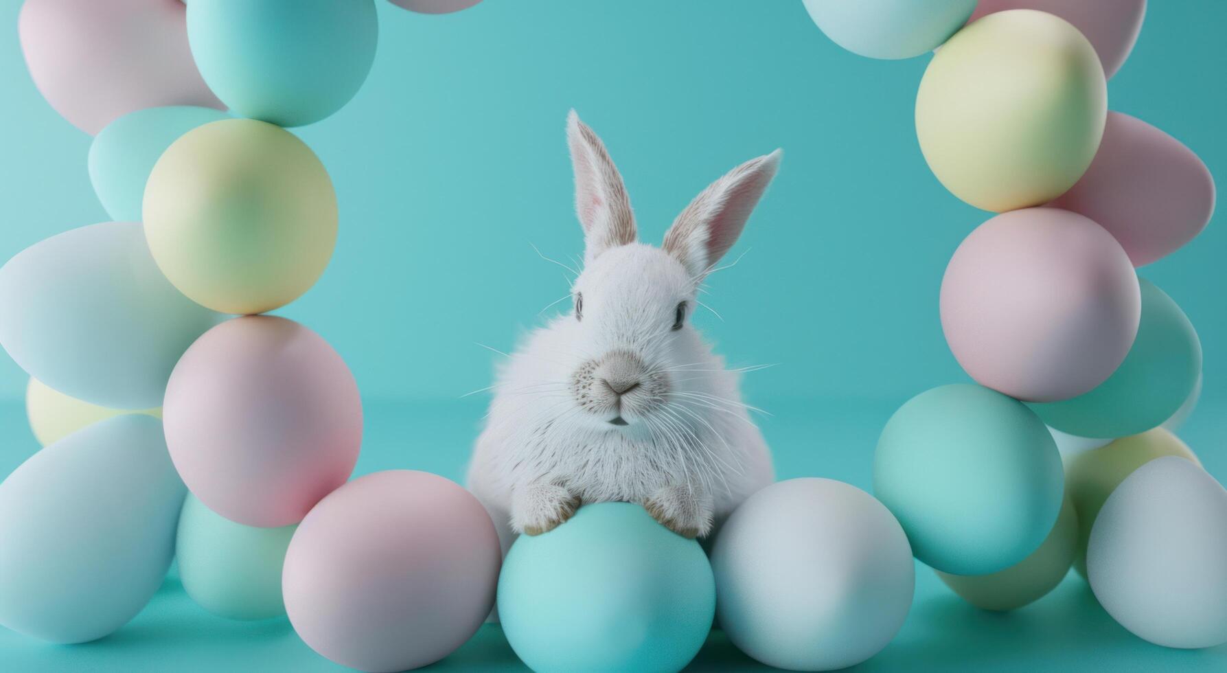 AI generated a chic little rabbit in a circle of colored eggs set against a blue background photo