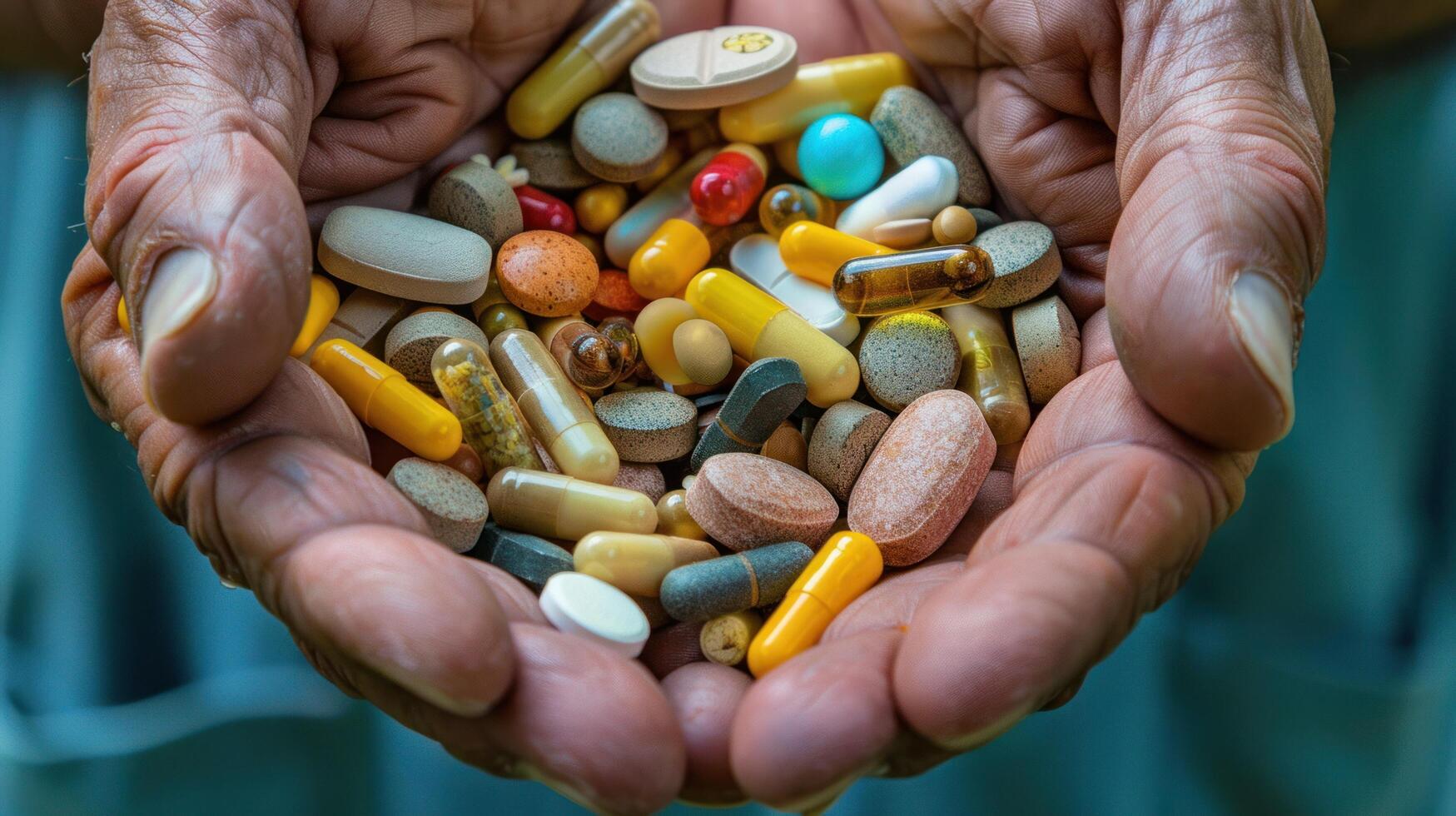 AI generated A close-up view of a pile of pills, tablets, vitamins, and medications held in mature hands photo