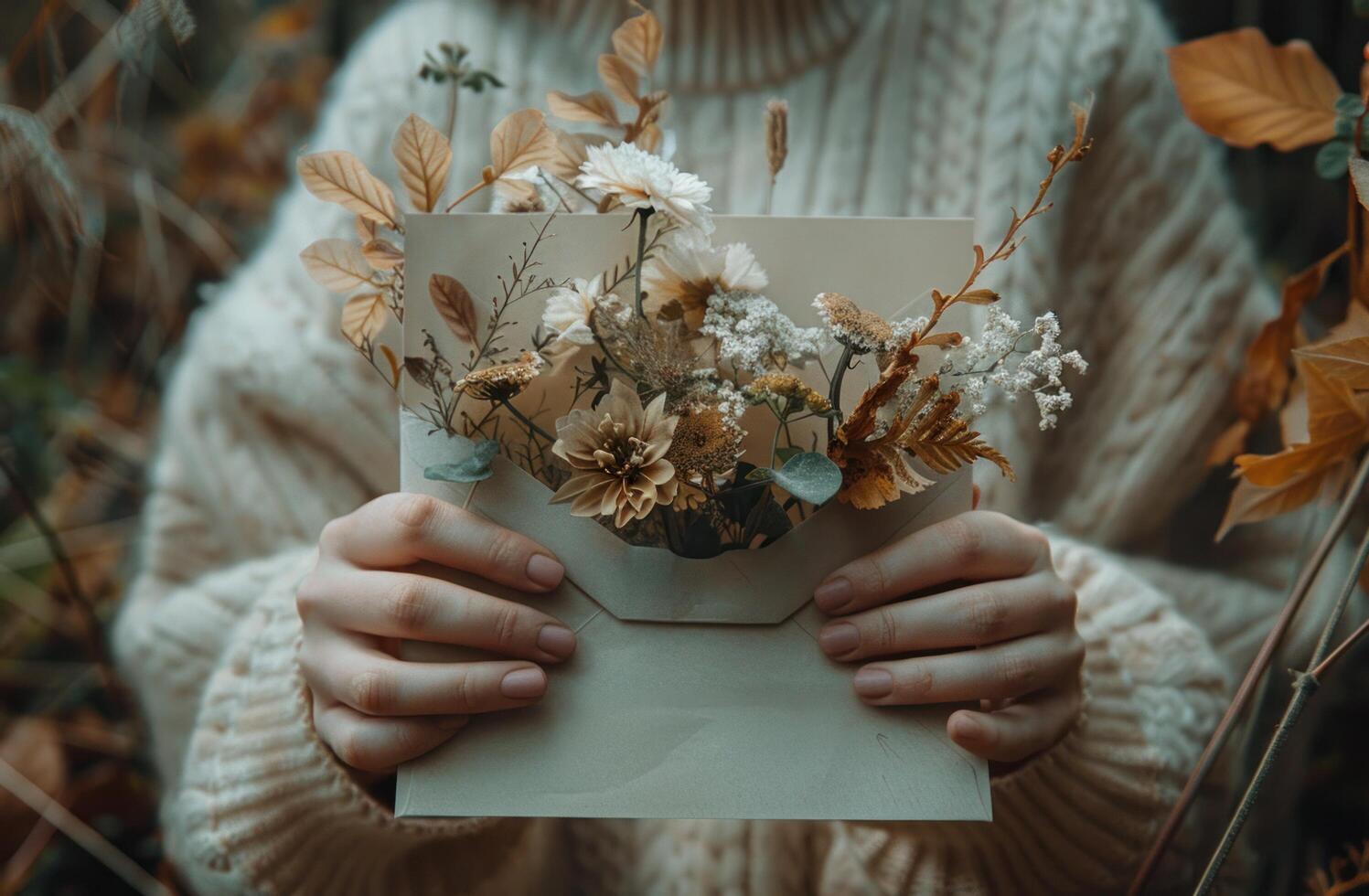 AI generated a person opening envelope with flowers and leaves inside photo
