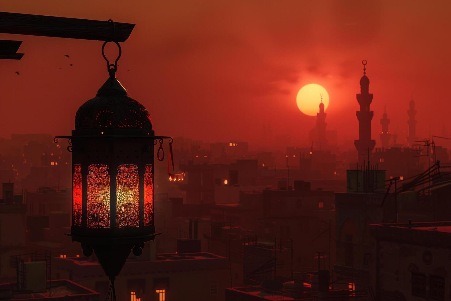 AI generated a ramadan lantern lights up a cityscape photo
