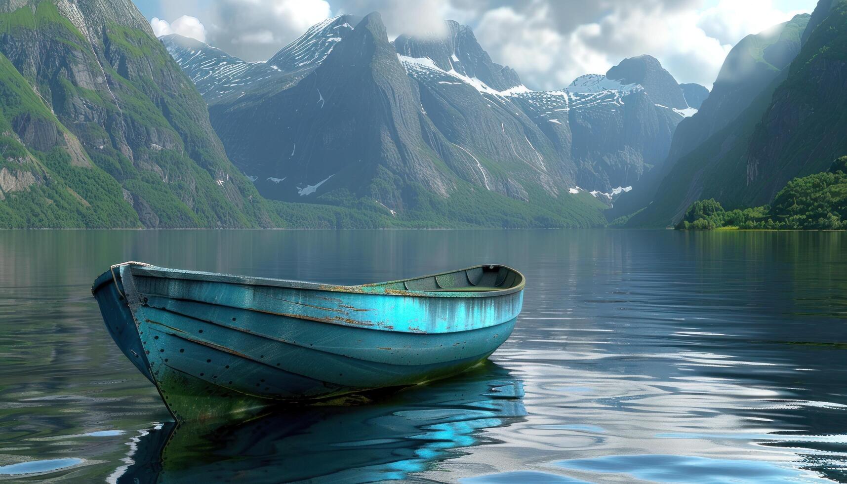 AI generated a small blue boat is floating in the middle of the water with mountains behind it photo