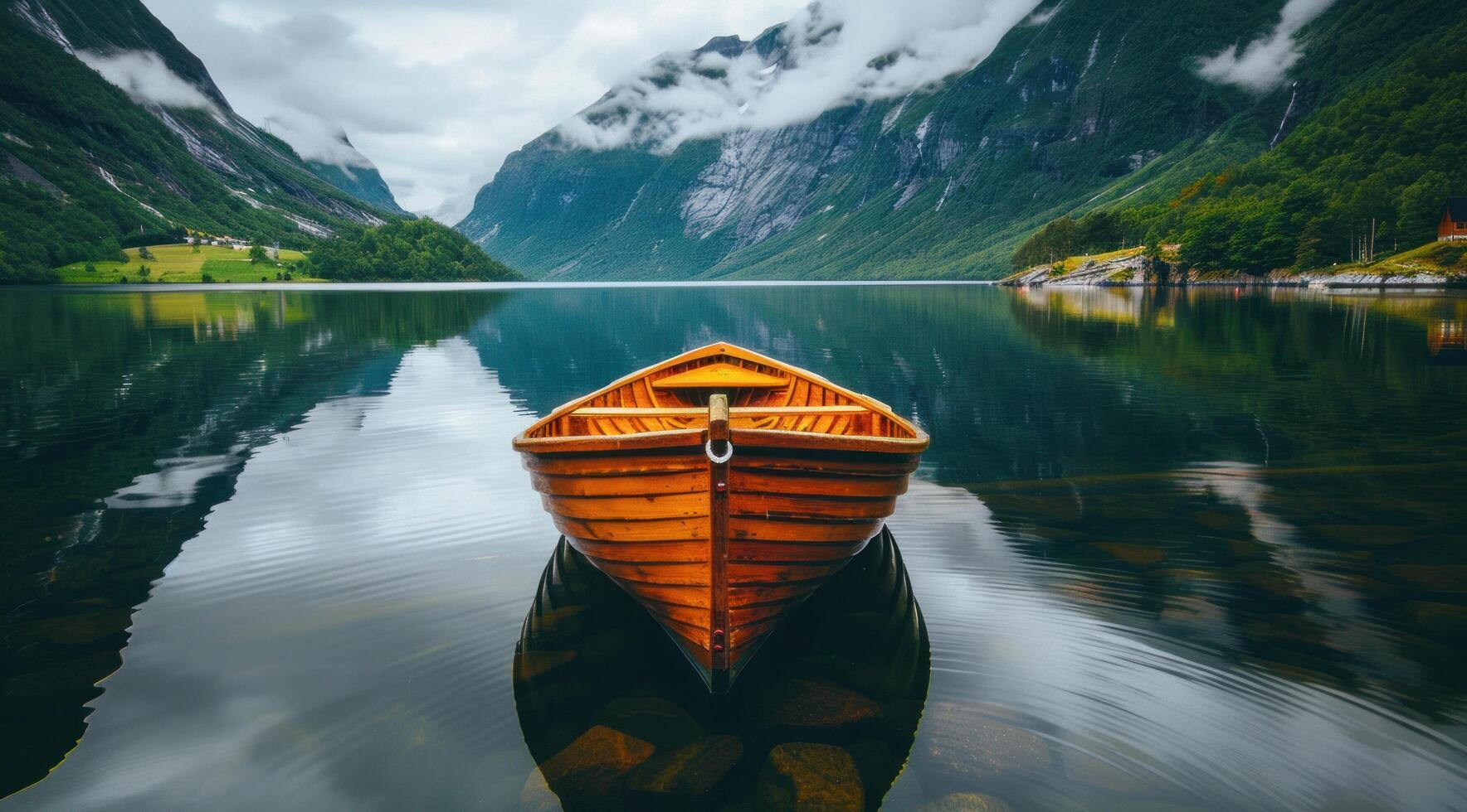 AI generated a wooden boat floating on a calm lake in norway, photo