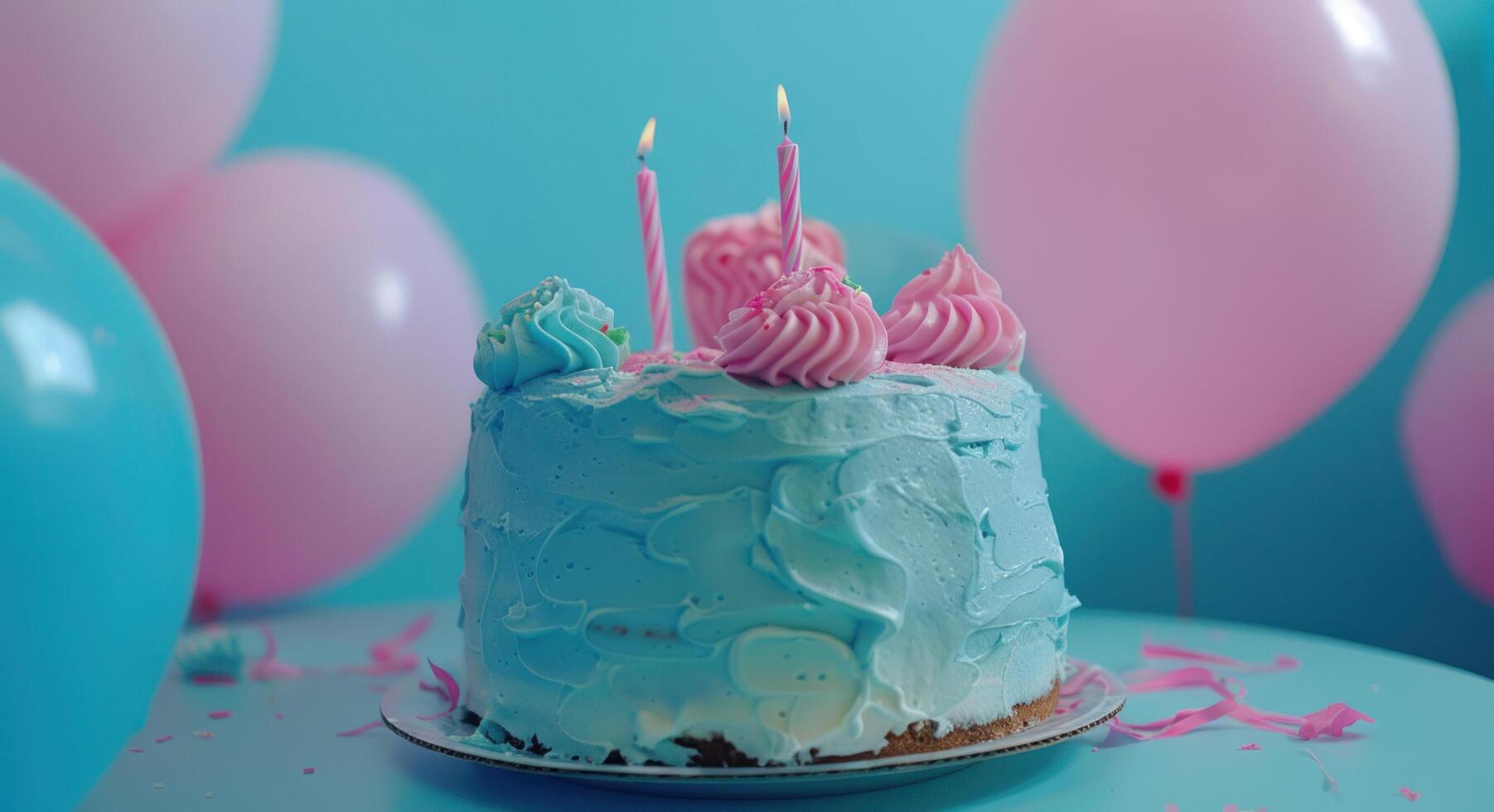 AI generated birthday cake with colored balloons on a table photo