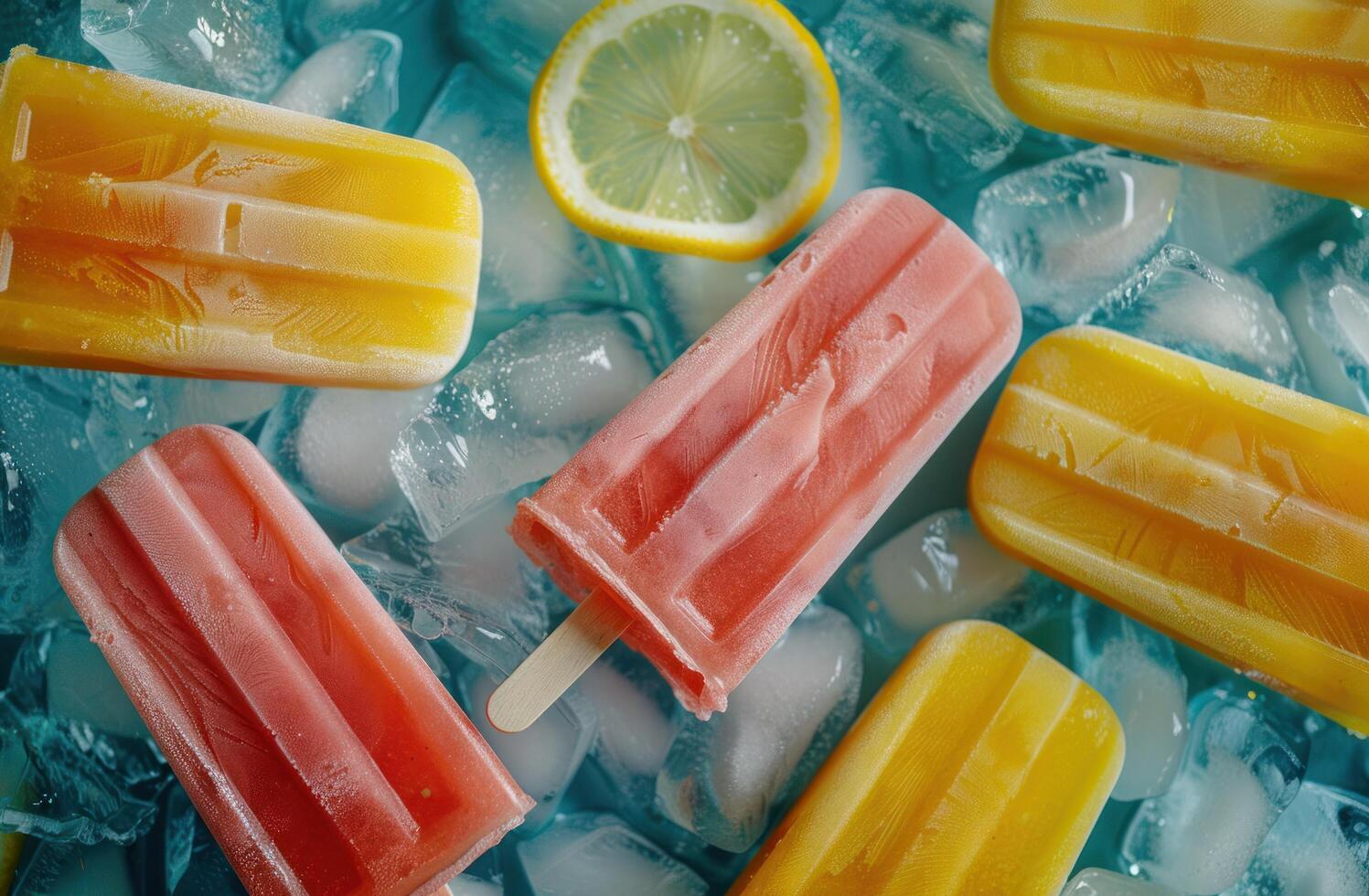 AI generated bright orange and yellow popsicles with lemon slices and ice photo