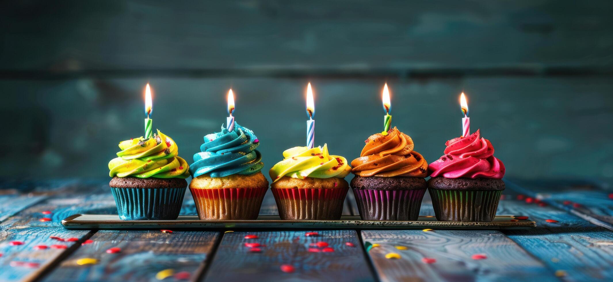 AI generated five cupcakes with candles in center photo