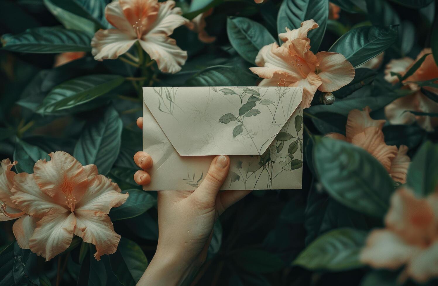 AI generated hand holding an envelope with flowers and leaves photo