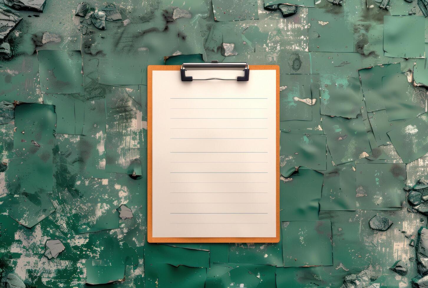 AI generated paper clipboard with handwritten notes on a green desk photo