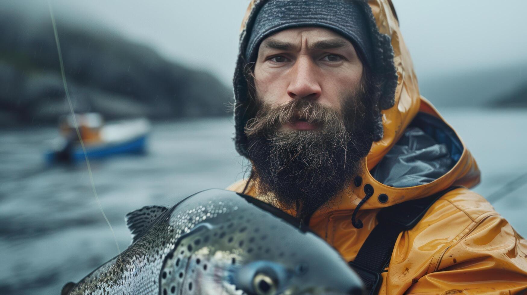 ai generado pescador con Fresco captura en otoño río foto