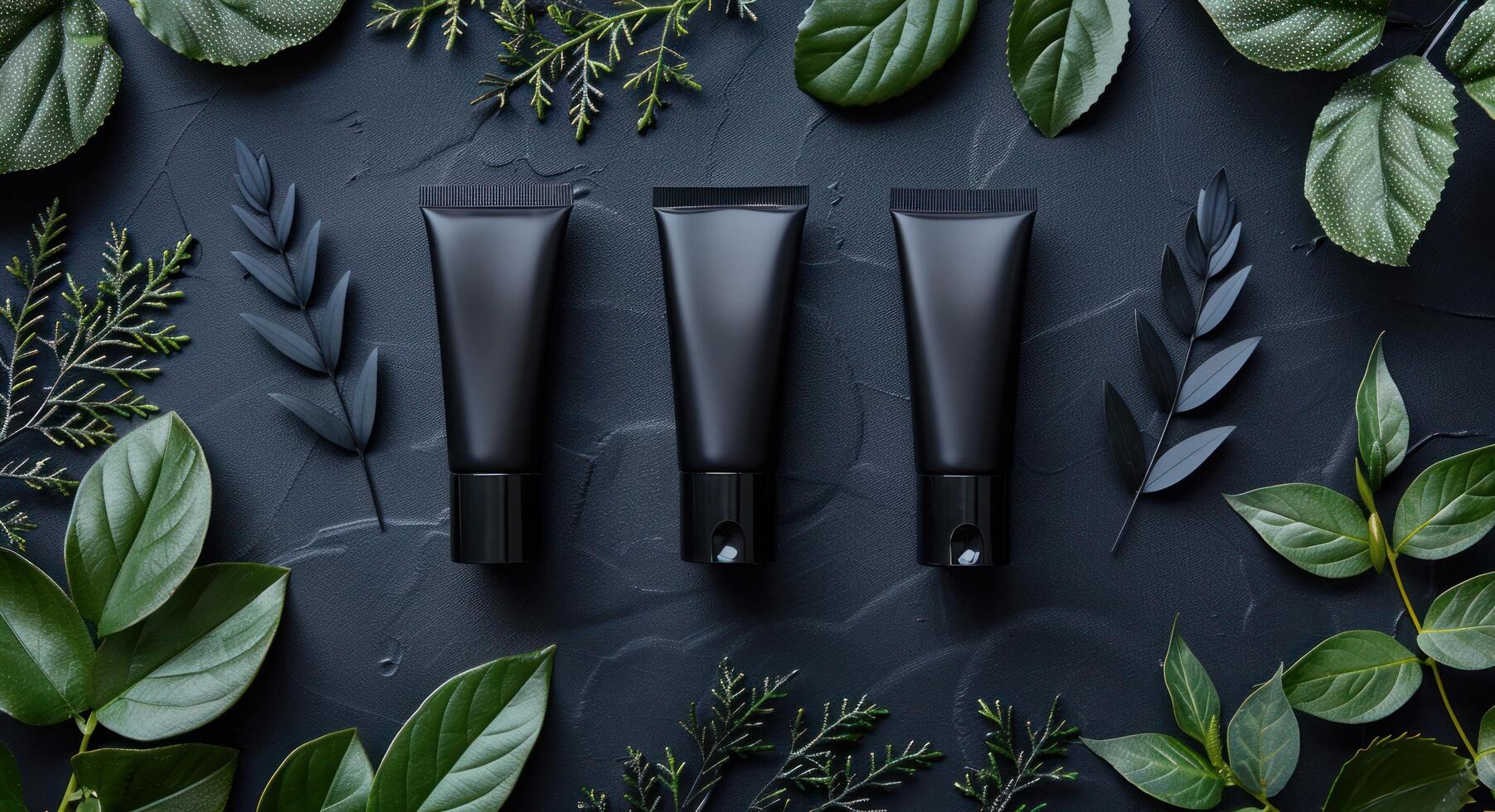 AI generated skin care products with black tubes and leaves photo