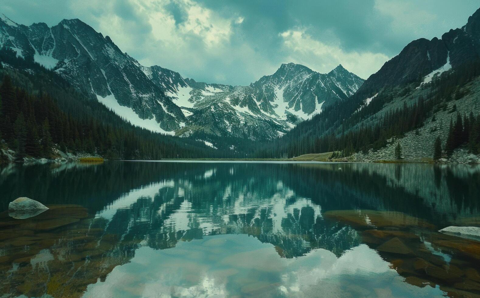 ai generado el rocoso montañas son reflejado en el cristal azul agua de el lago en el rocoso montañas foto