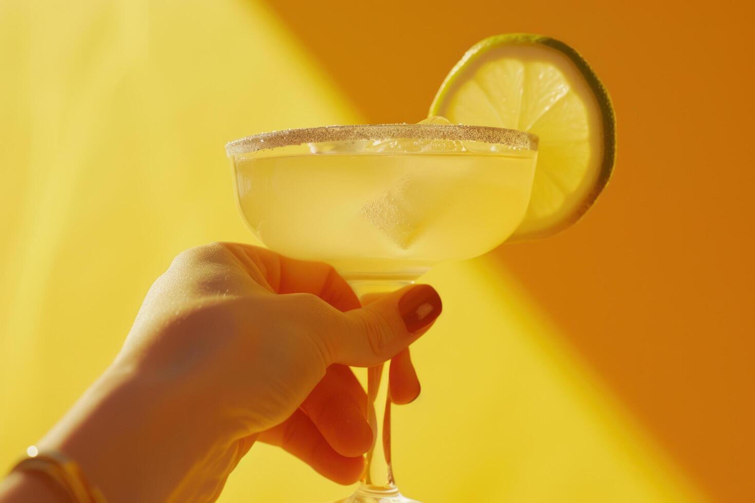 AI generated a person is presenting a margarita with a hand on a yellow background photo