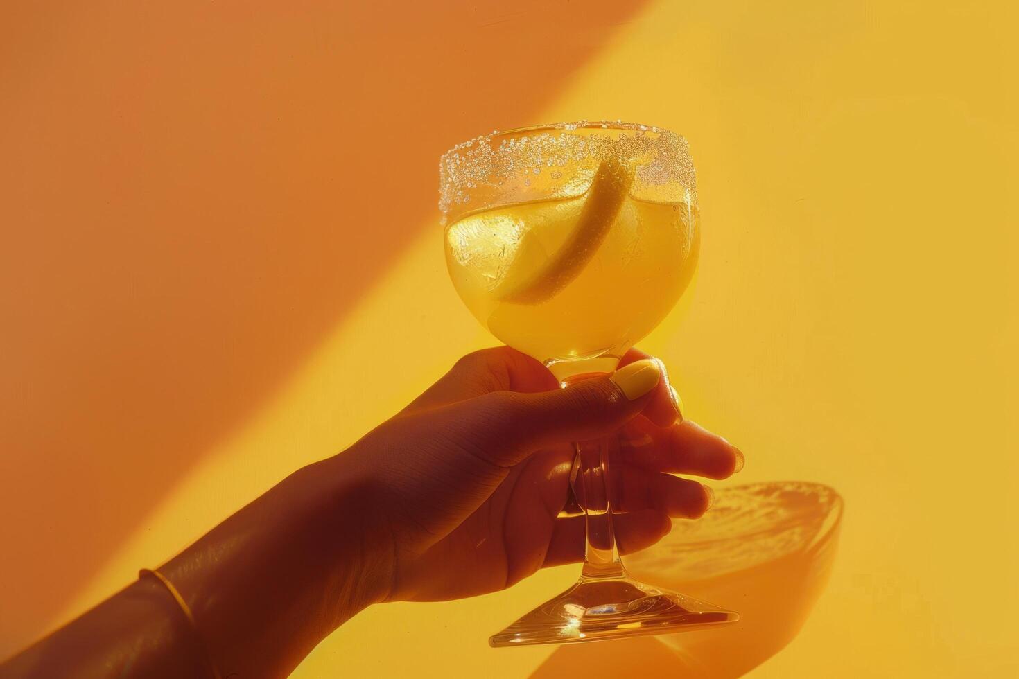 AI generated a person is presenting a margarita with a hand on a yellow background photo