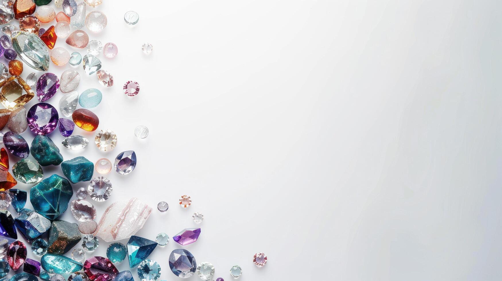 AI generated Gemstones scattered on a white background with empty space in the center photo