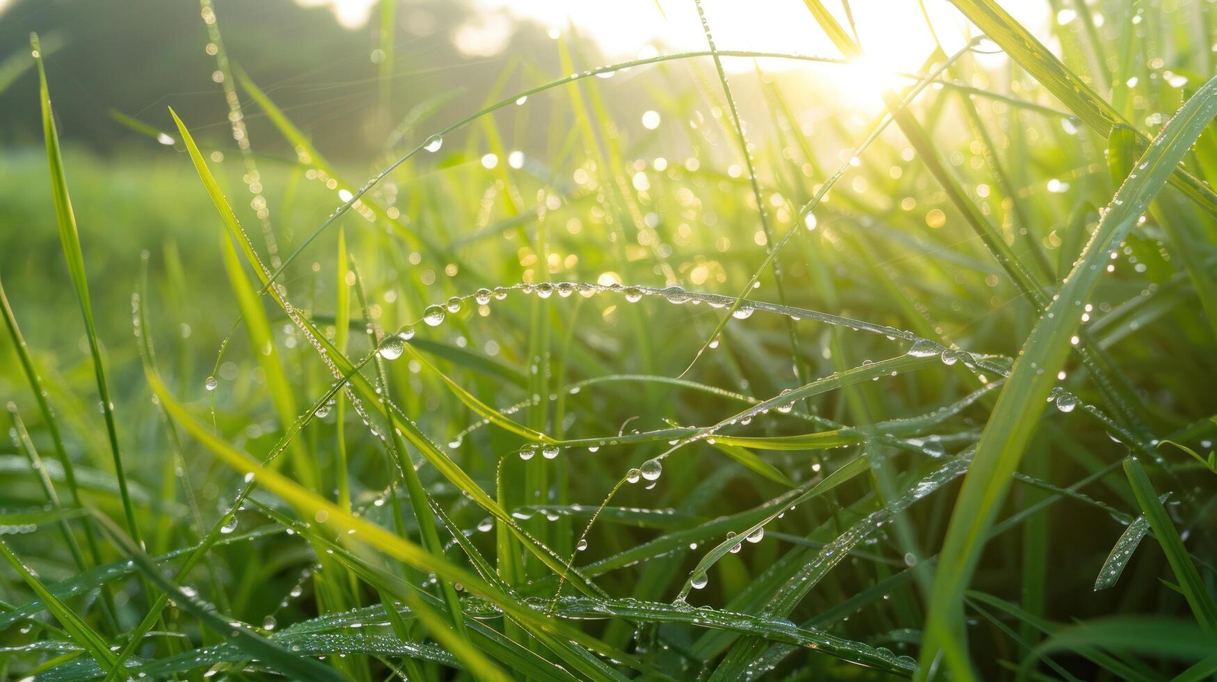 AI generated In the early light, dew-kissed blades of grass shimmer with freshness photo