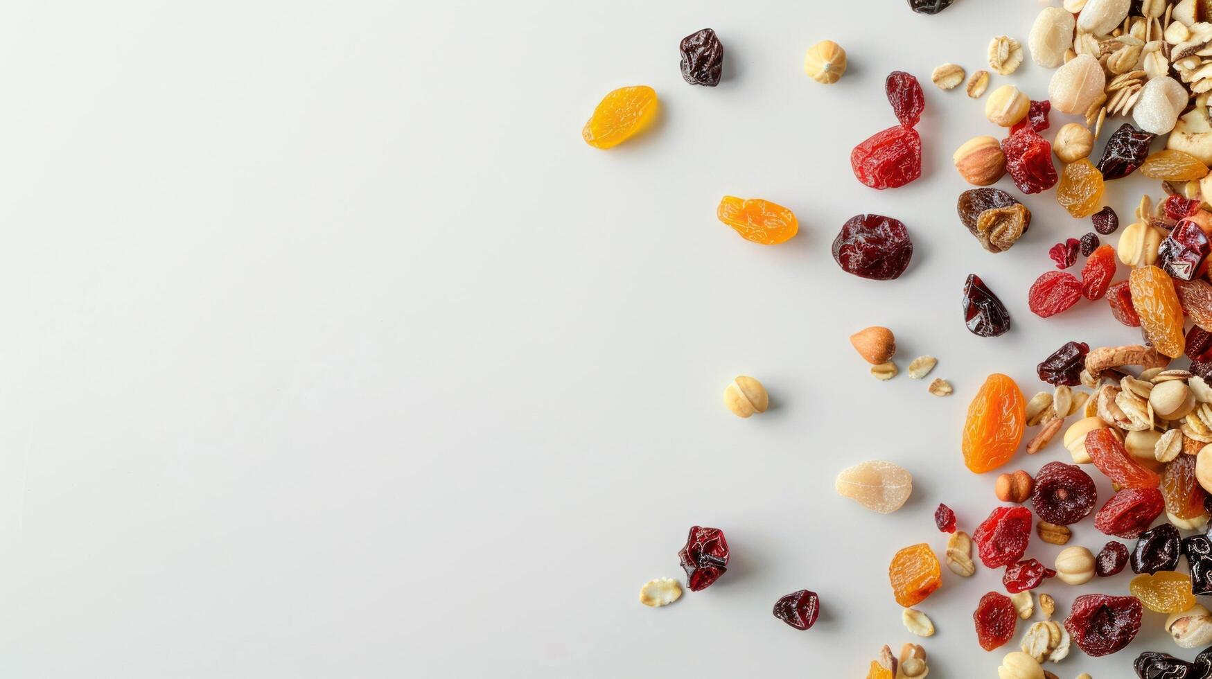 AI generated Wholesome dried fruits meticulously arranged on a pristine white surface photo