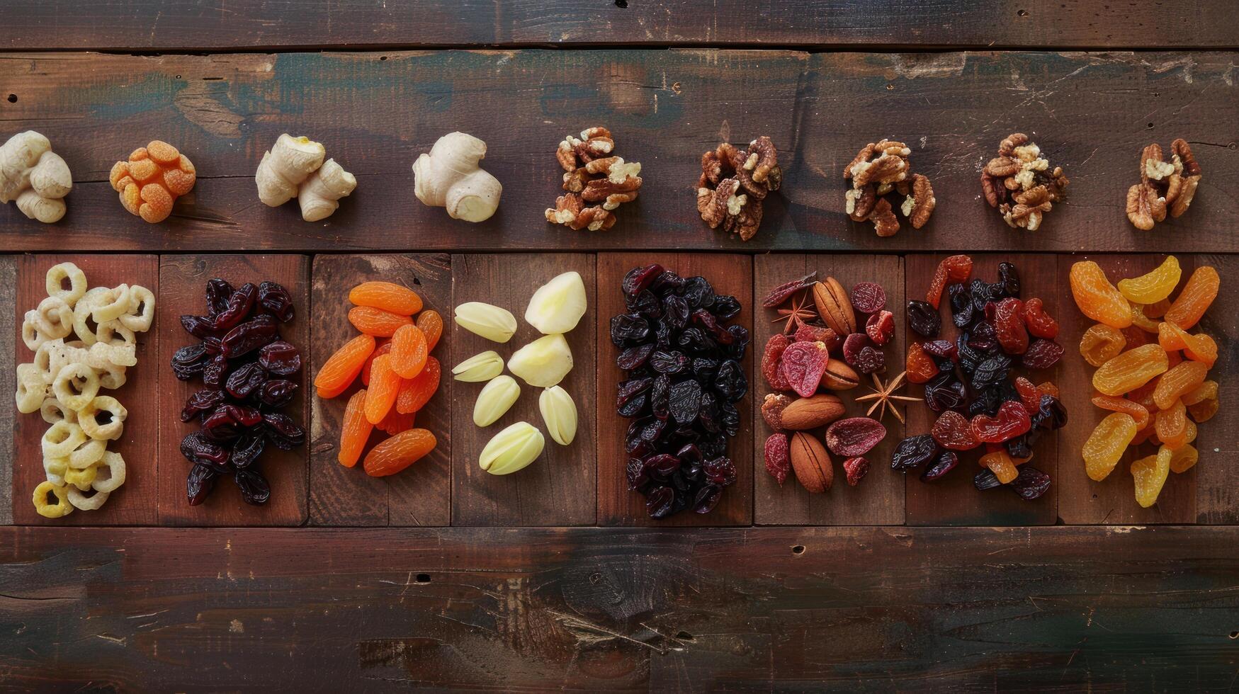 AI generated Wholesome dried fruits arranged neatly on a textured wood surface photo