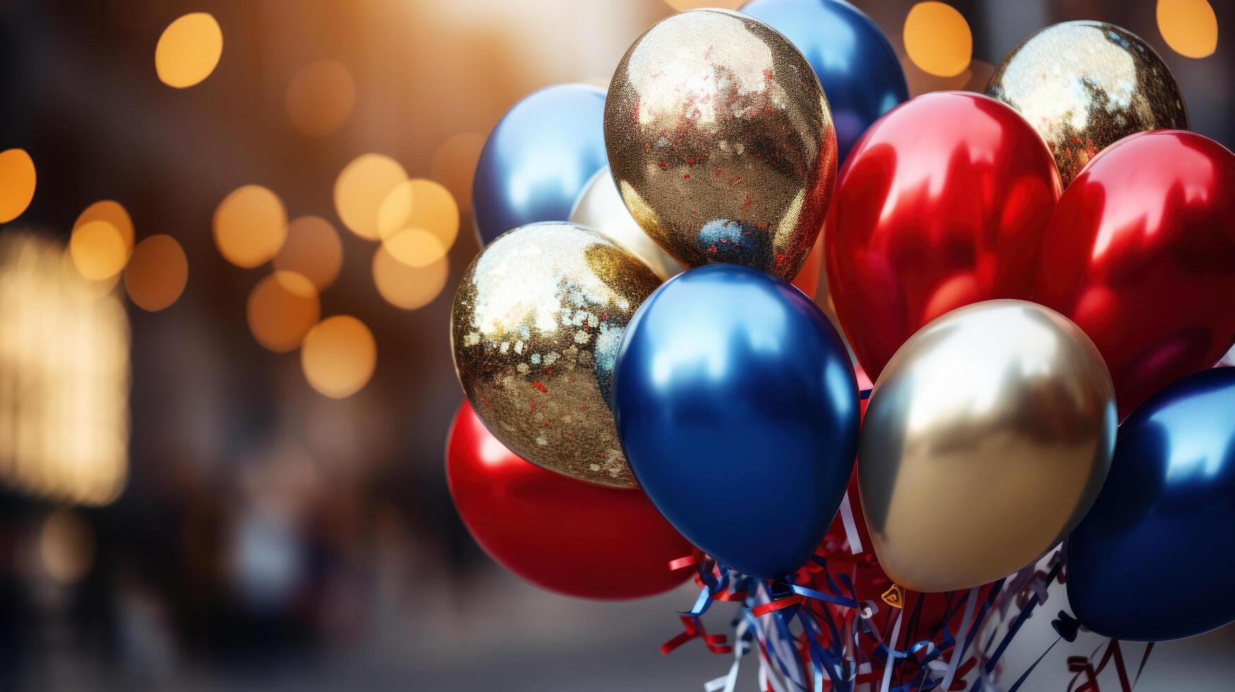 ai generado patriótico globo ramo de flores con festivo bokeh foto