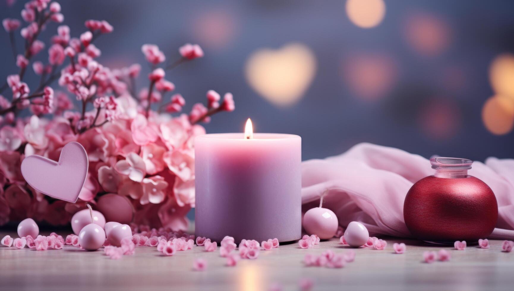 AI generated a candle, flowers and decorative hearts accompanied by a blurred background photo