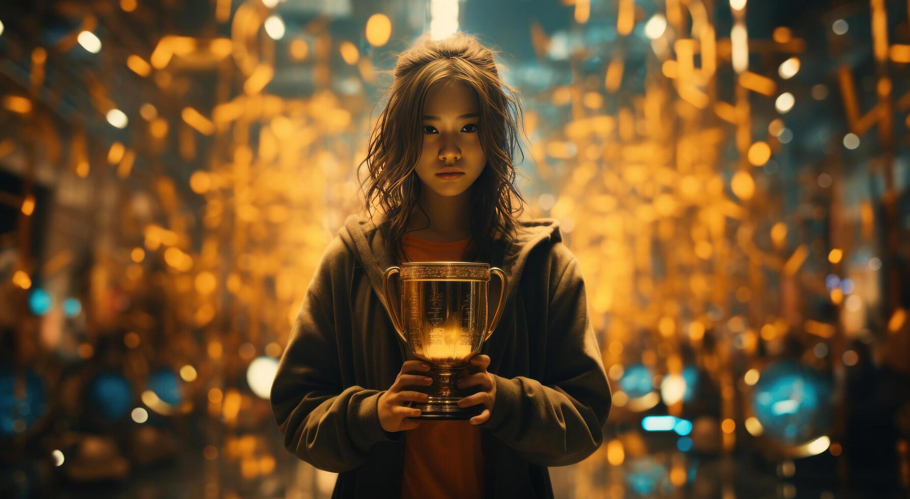 AI generated a girl stands up in front of a gold trophy photo