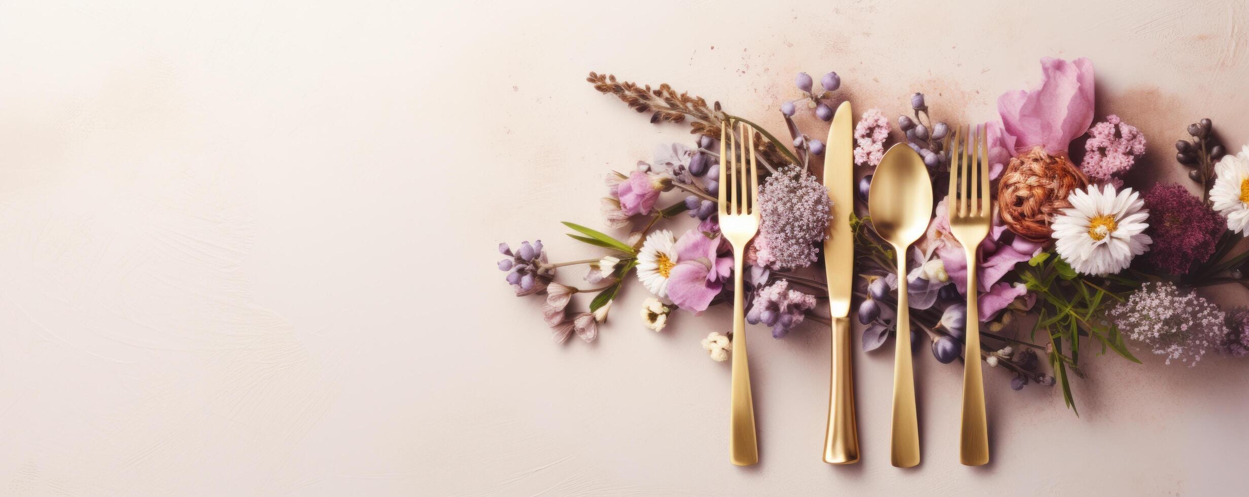 AI generated Floral Chic Plate and Gold Cutlery Setup photo