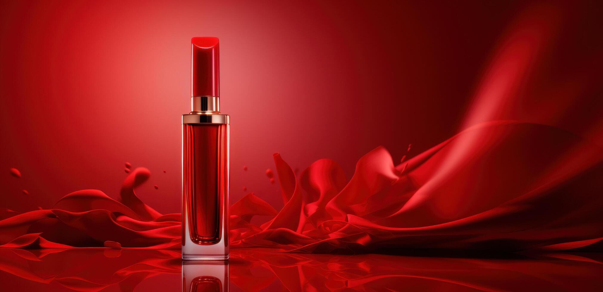 ai generado un lápiz labial conformado botella de perfume en un rojo antecedentes foto