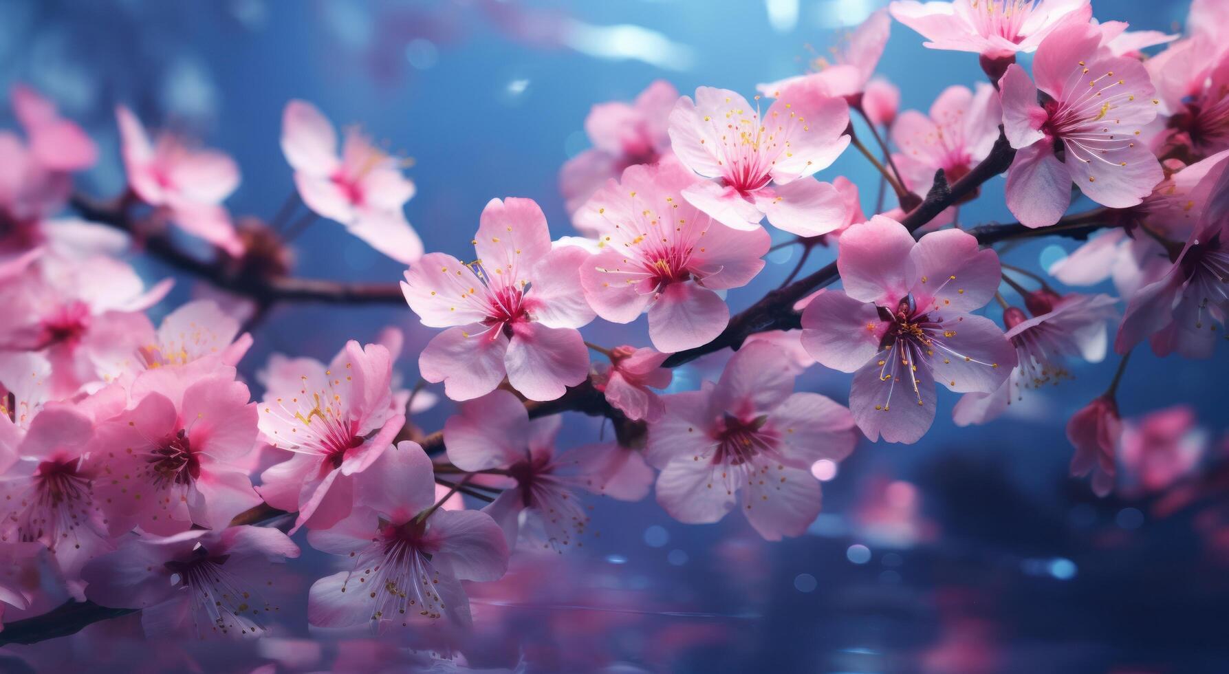 AI generated a landscape of pink flowers on a blue background photo
