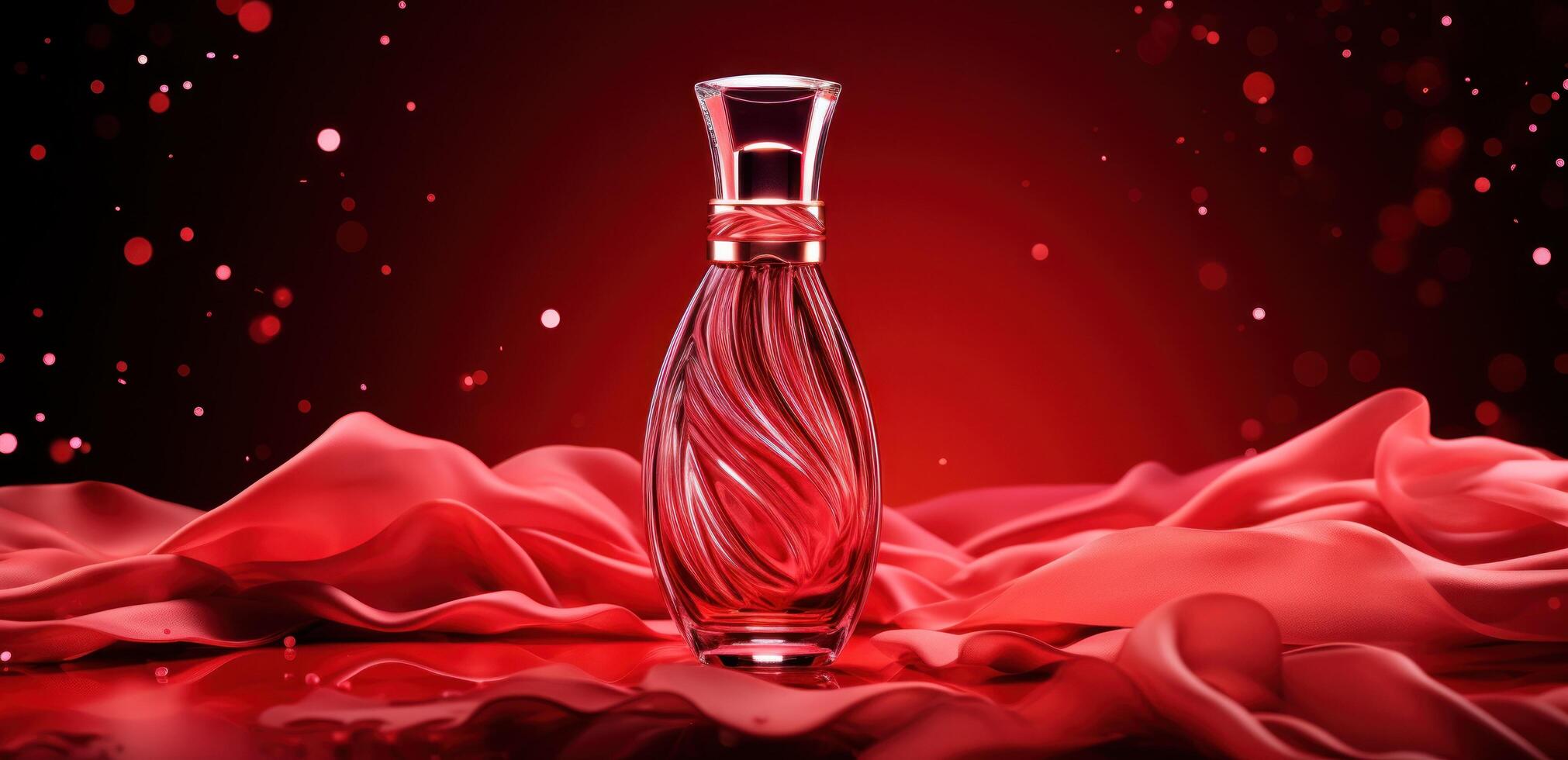 ai generado un lápiz labial conformado botella de perfume en un rojo antecedentes foto