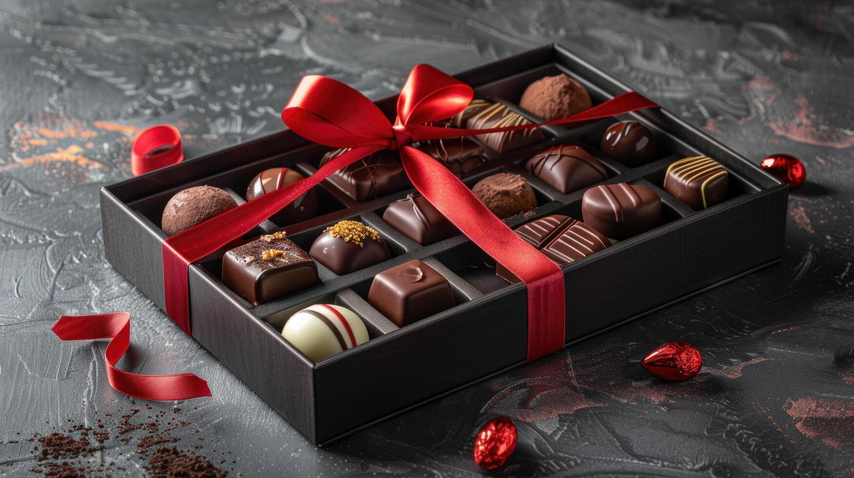 ai generado un lujoso colección de hecho a mano chocolates presentado en un regalo caja adornado con un rojo cinta foto