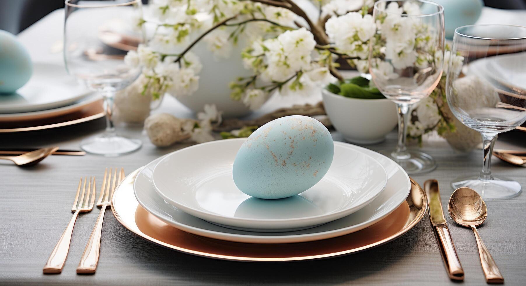 AI generated A spring table set with blue napkins on a white table photo